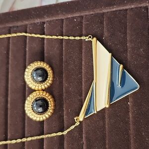 Monet Gold and Blue Geometric Necklace And Earrings